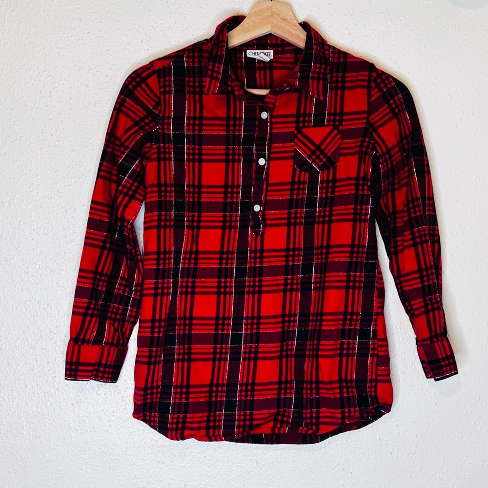 Cherokee Girls Red Plaid Buttoned Long Sleeve